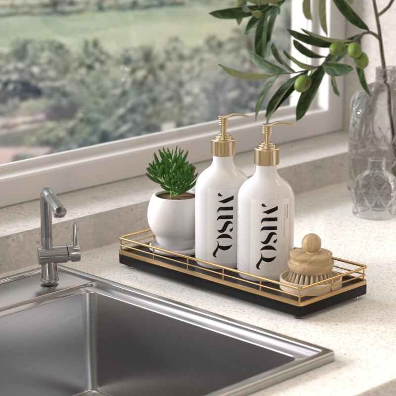Focusonit Oak Wooden Decorative Kitchen Tray  11"" L Dish Soap Sponge Holder for Sink Countertop Spice Salt and Pepper Organizer for Dining Room Perfume Jewelry Coffee Table Tray Table Centerpieces Decor Gold - Image 5